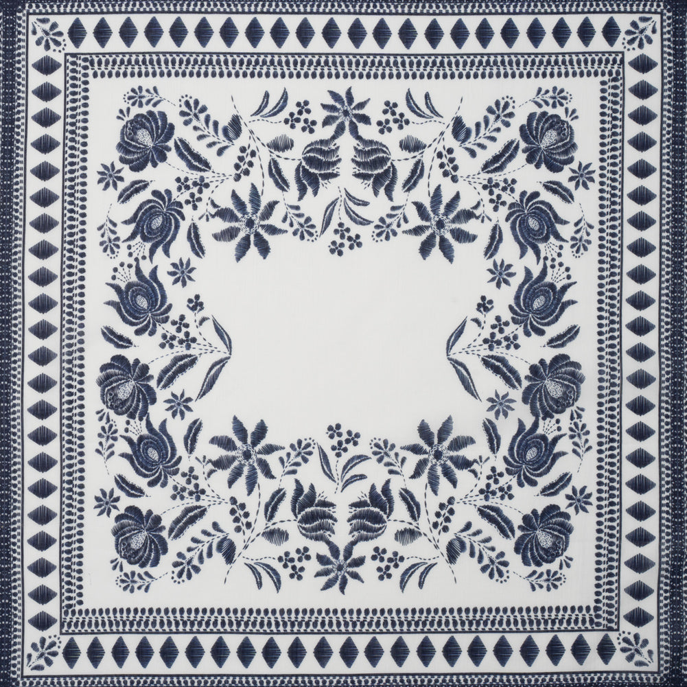 Crinkled Cotton Gauzy Woven Panel - White and Navy Blue Big Floral Embroidery Squares - Mood Exclusive Porcelain Petals Print Crinkled Cotton Gauzy Woven Panel - White and Navy Blue Big Floral Embroidery Squares - Mood Exclusive Porcelain Petals Print