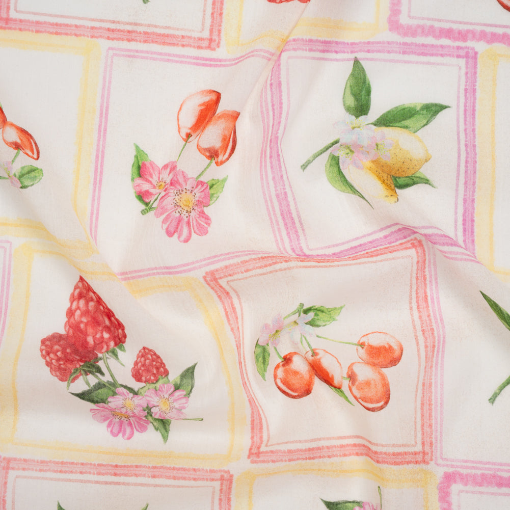 Crinkled Cotton Gauzy Woven - Pink, Yellow and Red Fruit and Blossoms Squares - Mood Exclusive Summer Medley Print Crinkled Cotton Gauzy Woven - Pink, Yellow and Red Fruit and Blossoms Squares - Mood Exclusive Summer Medley Print