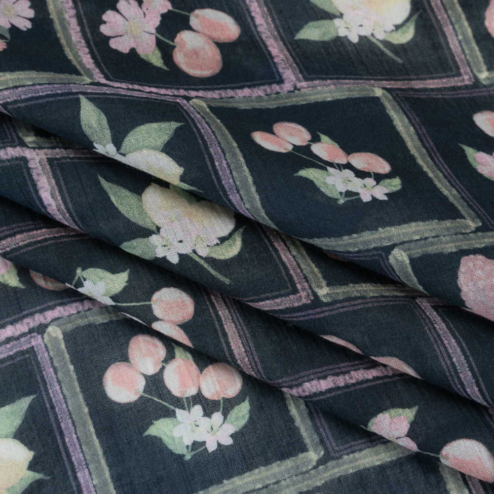Crinkled Cotton Gauzy Woven - Pink, Yellow and Navy Fruit and Flowers in Frames - Mood Exclusive Summer Medley Print Folded Crinkled Cotton Gauzy Woven - Pink, Yellow and Navy Fruit and Flowers in Frames - Mood Exclusive Summer Medley Print Folded