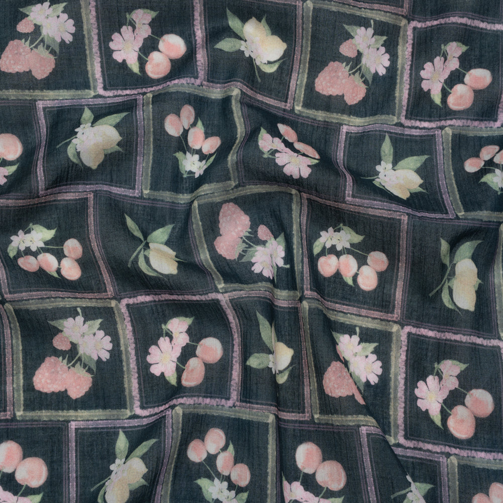 Crinkled Cotton Gauzy Woven - Pink, Yellow and Navy Fruit and Flowers in Frames - Mood Exclusive Summer Medley Print Crinkled Cotton Gauzy Woven - Pink, Yellow and Navy Fruit and Flowers in Frames - Mood Exclusive Summer Medley Print