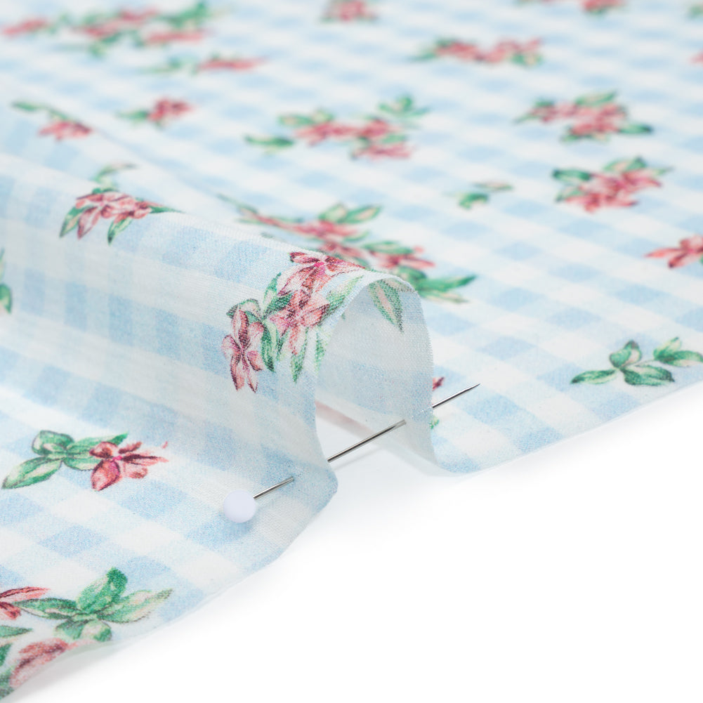 Crinkled Cotton Gauzy Woven - Blue, Pink and Green Flowers on Gingham - Mood Exclusive Picnic Petals Print Crinkled Cotton Gauzy Woven - Blue, Pink and Green Flowers on Gingham - Mood Exclusive Picnic Petals Print
