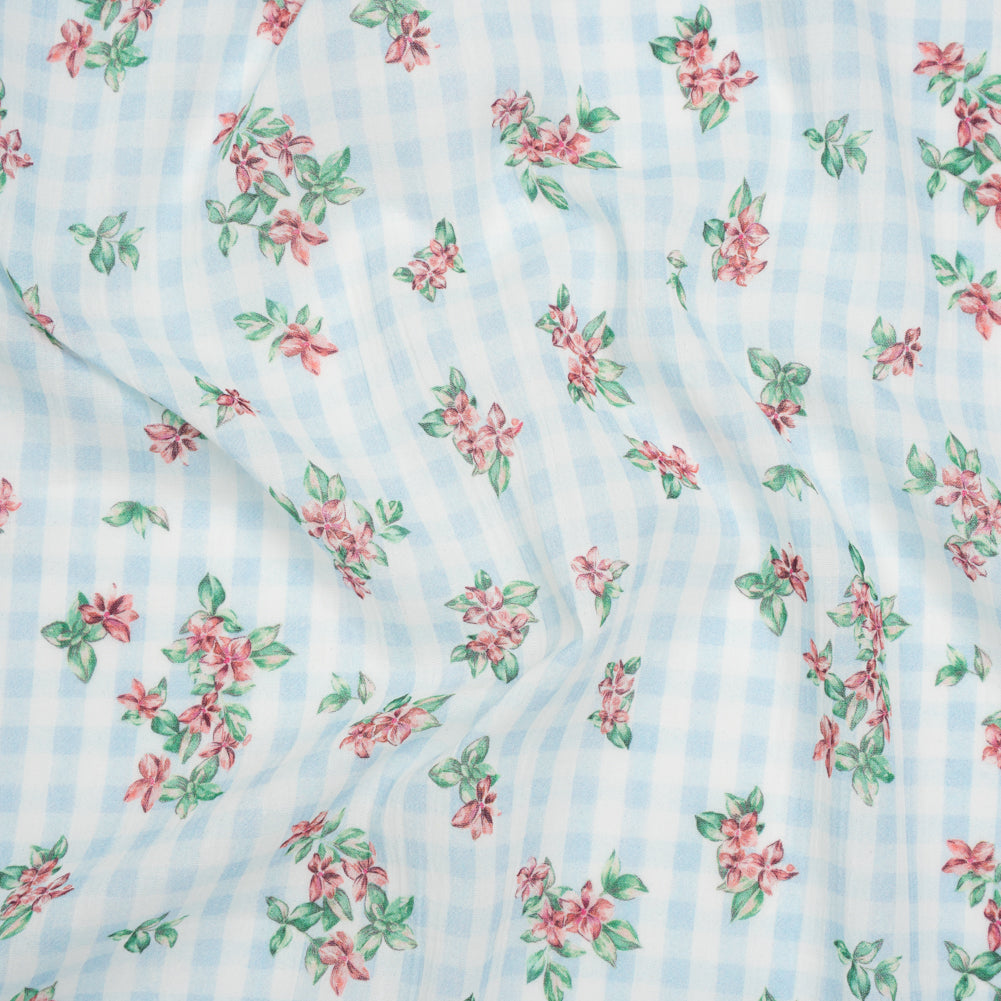 Crinkled Cotton Gauzy Woven - Blue, Pink and Green Flowers on Gingham - Mood Exclusive Picnic Petals Print Crinkled Cotton Gauzy Woven - Blue, Pink and Green Flowers on Gingham - Mood Exclusive Picnic Petals Print