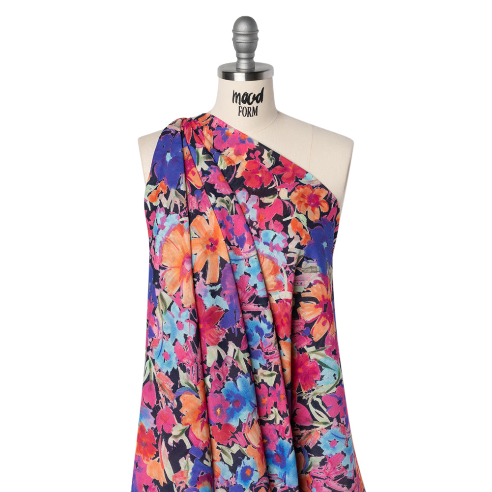 Crinkled Cotton Gauzy Woven - Hot Pink, Ultramarine Blue and Orange Floral - Mood Exclusive Electric Garden Print Crinkled Cotton Gauzy Woven - Hot Pink, Ultramarine Blue and Orange Floral - Mood Exclusive Electric Garden Print
