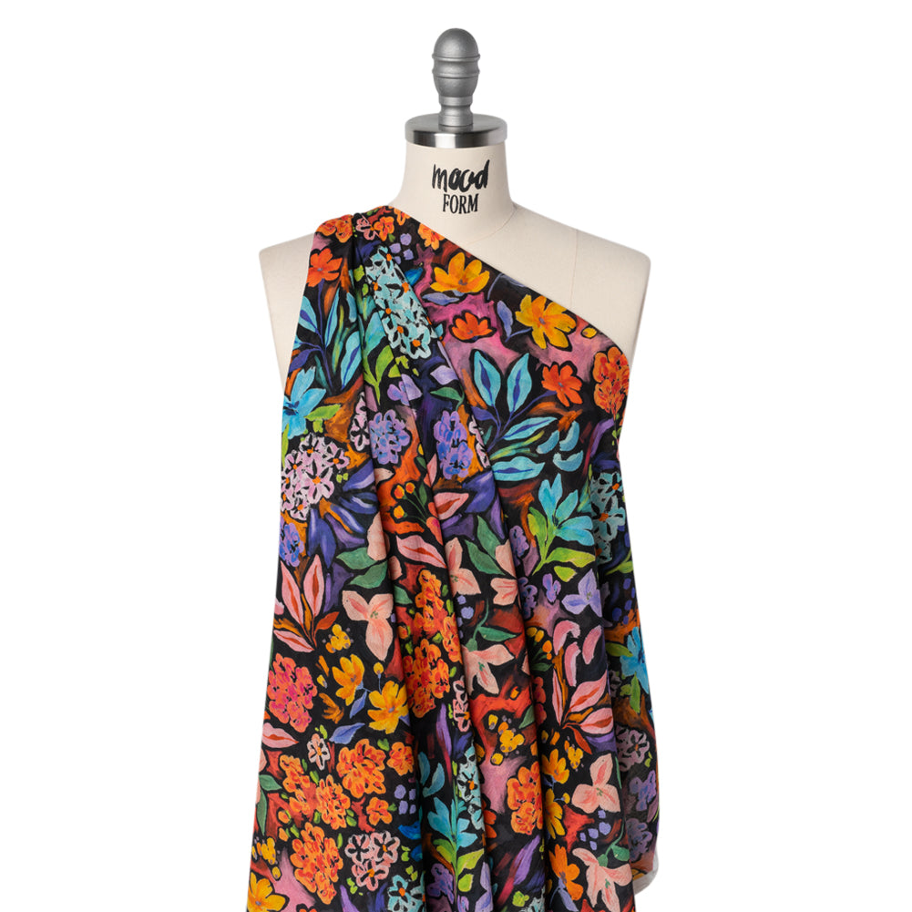 Crinkled Cotton Gauzy Woven - Orange, Green and Purple Painterly Floral - Mood Exclusive Picture Book Petals Print Crinkled Cotton Gauzy Woven - Orange, Green and Purple Painterly Floral - Mood Exclusive Picture Book Petals Print