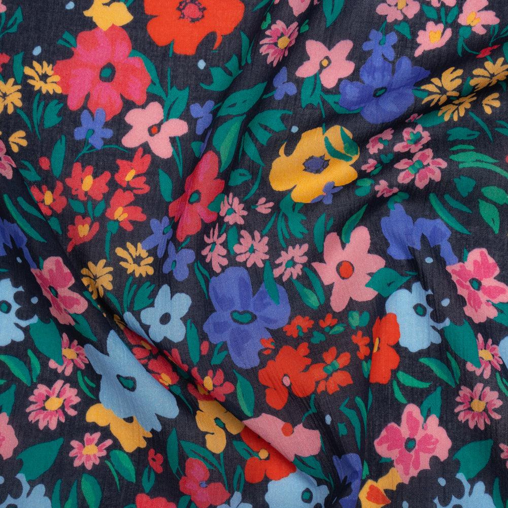 Crinkled Cotton Gauzy Woven - Blue, Red and Yellow Floral - Mood Exclusive Storybook Garden Print Crinkled Cotton Gauzy Woven - Blue, Red and Yellow Floral - Mood Exclusive Storybook Garden Print