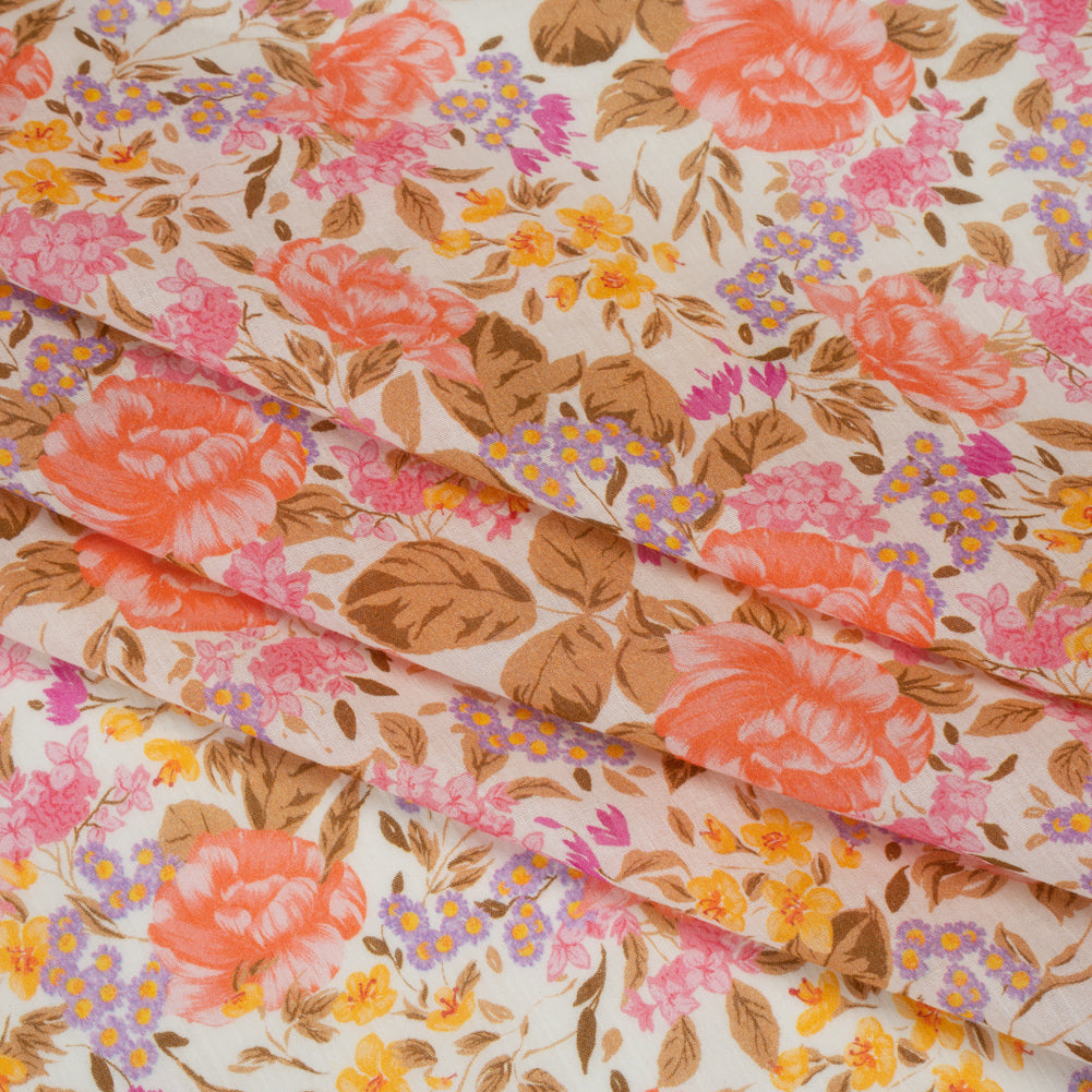 Crinkled Cotton Gauzy Woven - White, Pink and Lavender Floral - Mood Exclusive Romantic Reverie Print - Folded Crinkled Cotton Gauzy Woven - White, Pink and Lavender Floral - Mood Exclusive Romantic Reverie Print - Folded