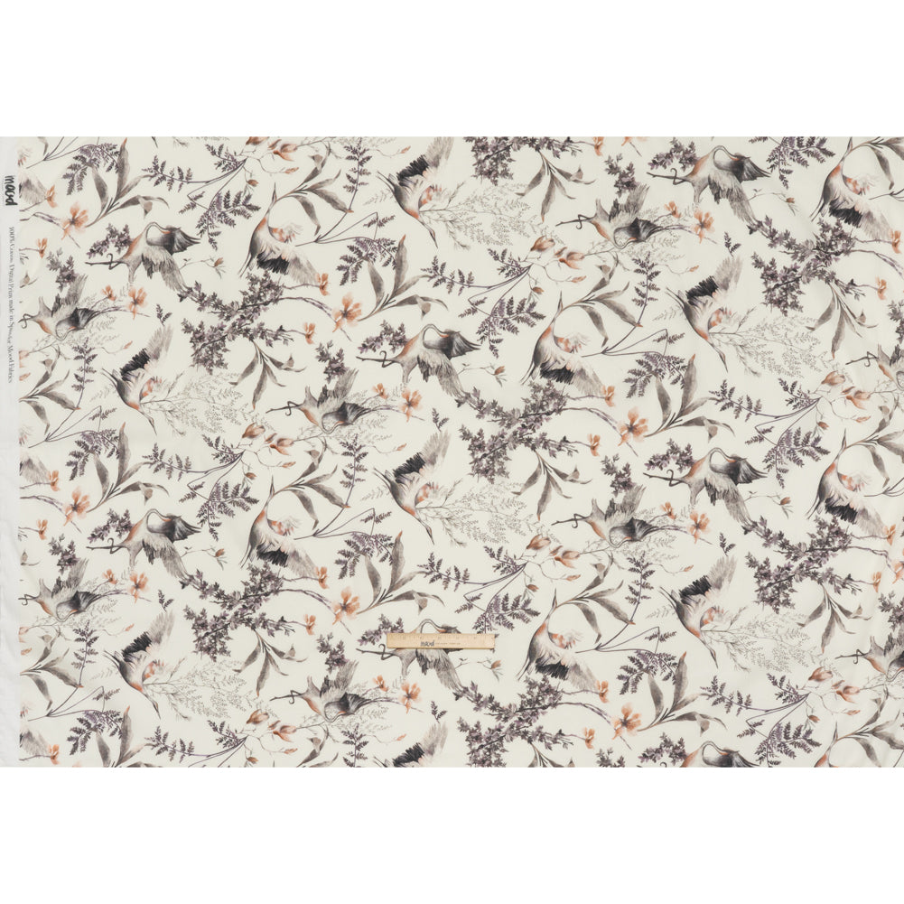 Crinkled Cotton Gauzy Woven - Russet, Aubergine and Black Cranes in the Branches - Mood Exclusive Winged Serenity Print - Full Crinkled Cotton Gauzy Woven - Russet, Aubergine and Black Cranes in the Branches - Mood Exclusive Winged Serenity Print - Full