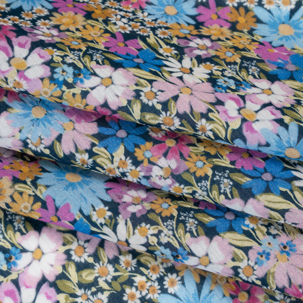 Crinkled Cotton Gauzy Woven - Blue, Light Purple and Golden Yellow Floral - Mood Exclusive Dandy Daisy Print Crinkled Cotton Gauzy Woven - Blue, Light Purple and Golden Yellow Floral - Mood Exclusive Dandy Daisy Print