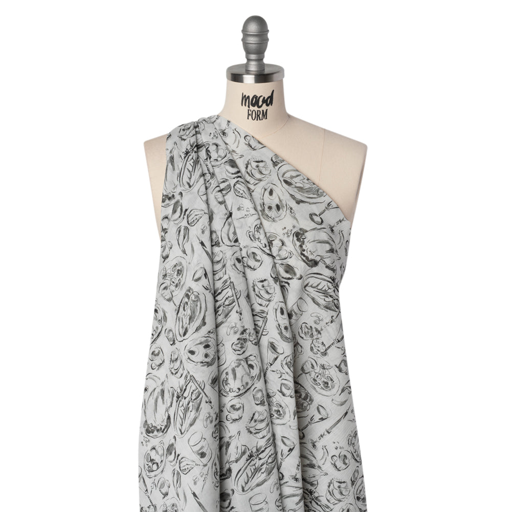 Crinkled Cotton Gauzy Woven - Black, White and Gray Food Sketches - Mood Exclusive Dinner Party Print Crinkled Cotton Gauzy Woven - Black, White and Gray Food Sketches - Mood Exclusive Dinner Party Print