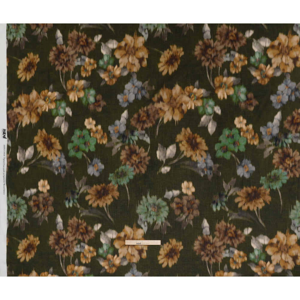 Crinkled Cotton Gauzy Woven - Olive Green, Tan and Gray Hazy Ikat Flowers - Mood Exclusive Blurred Blooms Print - Full Crinkled Cotton Gauzy Woven - Olive Green, Tan and Gray Hazy Ikat Flowers - Mood Exclusive Blurred Blooms Print - Full