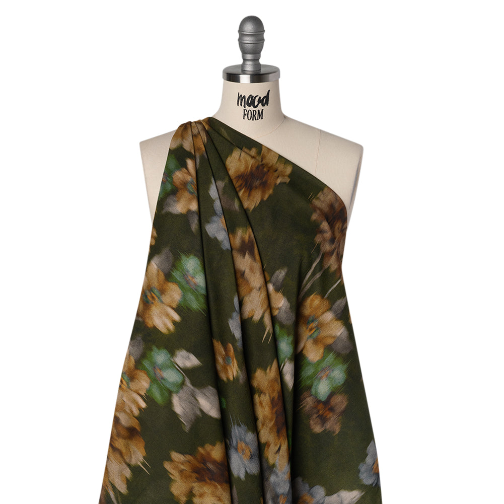 Crinkled Cotton Gauzy Woven - Olive Green, Tan and Gray Hazy Ikat Flowers - Mood Exclusive Blurred Blooms Print Drape Crinkled Cotton Gauzy Woven - Olive Green, Tan and Gray Hazy Ikat Flowers - Mood Exclusive Blurred Blooms Print Drape