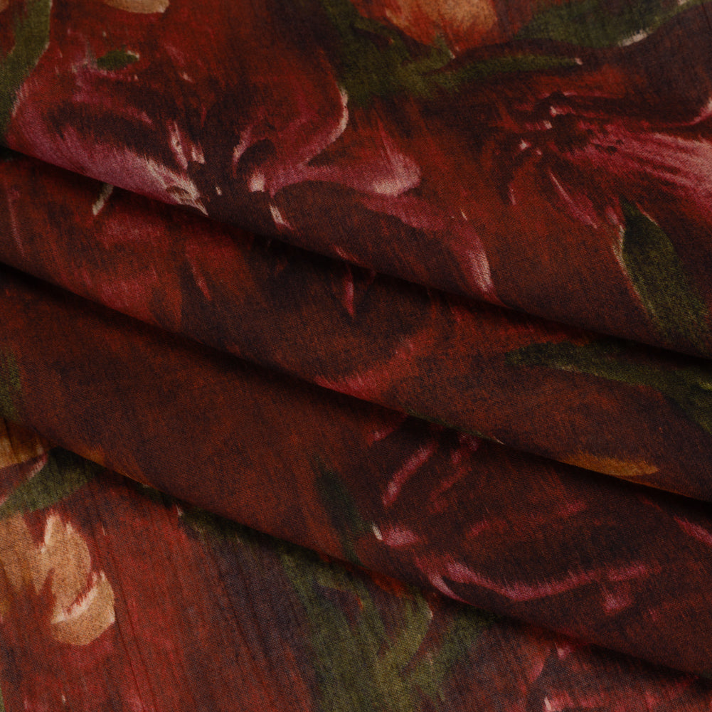 Crinkled Cotton Gauzy Woven - Burgundy, Yellow Ochre and Green Painterly Ikat Floral - Mood Exclusive Cabernet Crocus Print Crinkled Cotton Gauzy Woven - Burgundy, Yellow Ochre and Green Painterly Ikat Floral - Mood Exclusive Cabernet Crocus Print