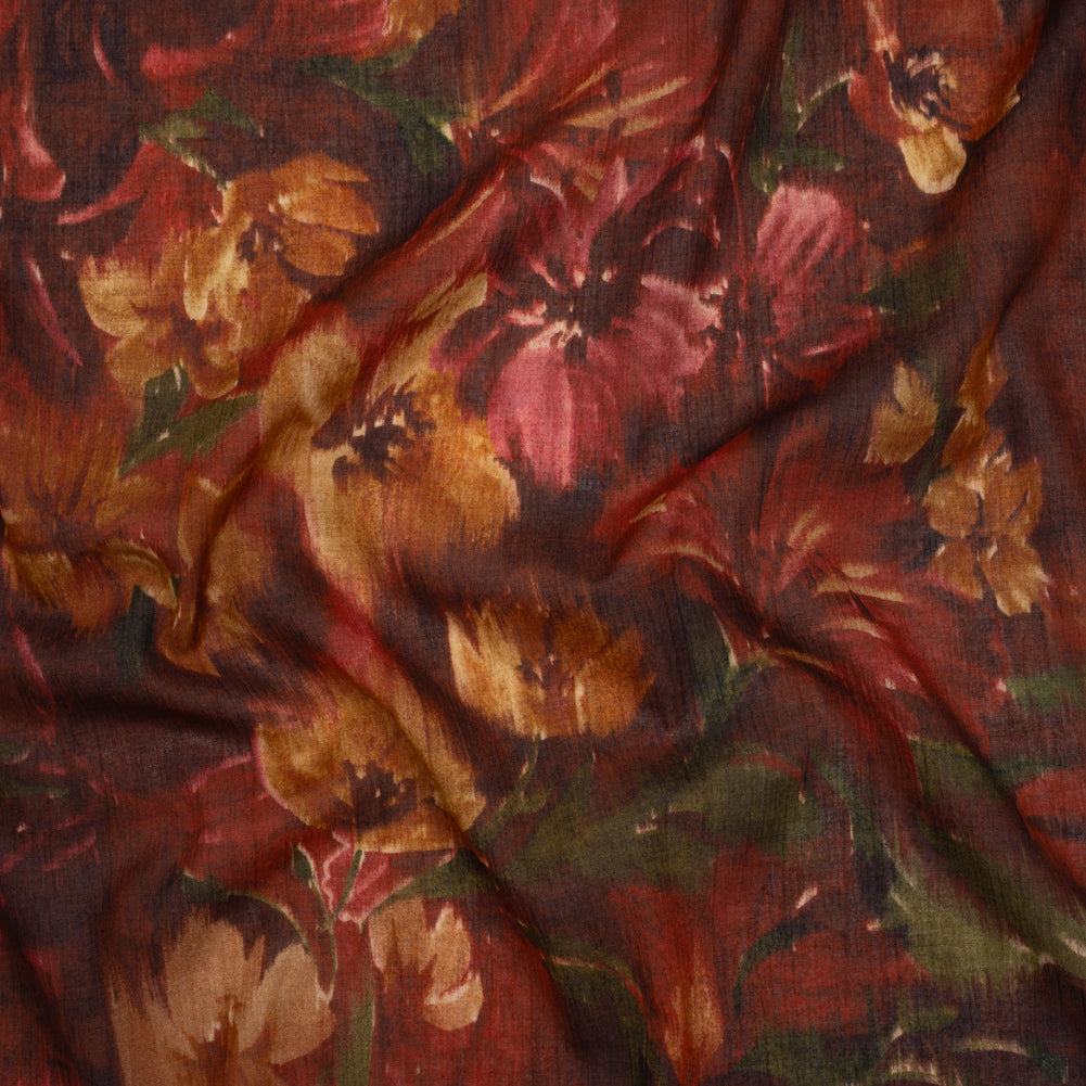 Crinkled Cotton Gauzy Woven - Burgundy, Yellow Ochre and Green Painterly Ikat Floral - Mood Exclusive Cabernet Crocus Print Crinkled Cotton Gauzy Woven - Burgundy, Yellow Ochre and Green Painterly Ikat Floral - Mood Exclusive Cabernet Crocus Print