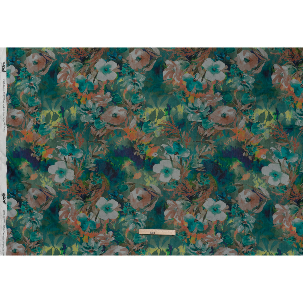 Crinkled Cotton Gauzy Woven - Teal, Tan and Blue Painterly Floral - Mood Exclusive Moonflower Mirage Print Crinkled Cotton Gauzy Woven - Teal, Tan and Blue Painterly Floral - Mood Exclusive Moonflower Mirage Print