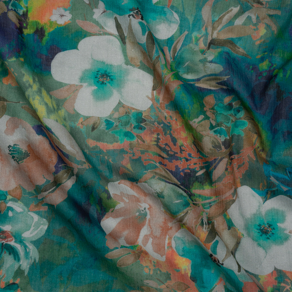 Crinkled Cotton Gauzy Woven - Teal, Tan and Blue Painterly Floral - Mood Exclusive Moonflower Mirage Print Crinkled Cotton Gauzy Woven - Teal, Tan and Blue Painterly Floral - Mood Exclusive Moonflower Mirage Print