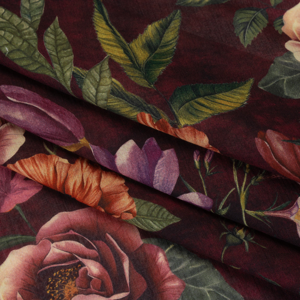Crinkled Cotton Gauzy Woven - Wine Red, Coral and Green Floral - Mood Exclusive Romantic Nights Print Folded Crinkled Cotton Gauzy Woven - Wine Red, Coral and Green Floral - Mood Exclusive Romantic Nights Print Folded