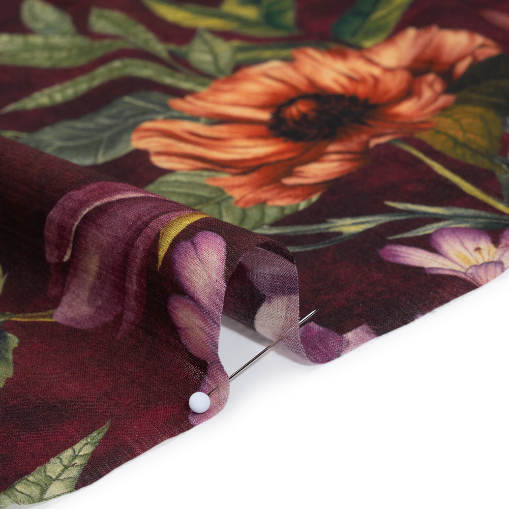 Crinkled Cotton Gauzy Woven - Wine Red, Coral and Green Floral - Mood Exclusive Romantic Nights Print Detail Crinkled Cotton Gauzy Woven - Wine Red, Coral and Green Floral - Mood Exclusive Romantic Nights Print Detail