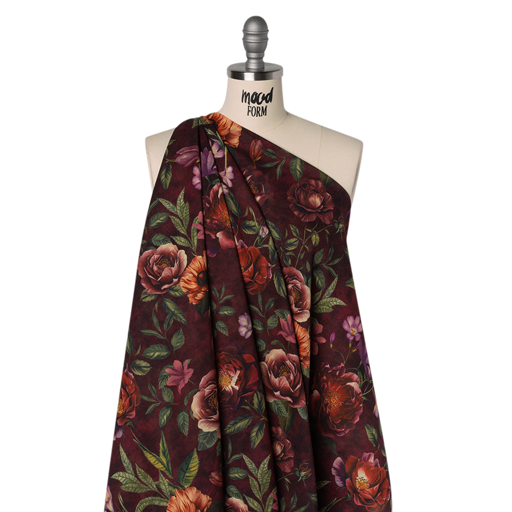 Crinkled Cotton Gauzy Woven - Wine Red, Coral and Green Floral - Mood Exclusive Romantic Nights Print Drape Crinkled Cotton Gauzy Woven - Wine Red, Coral and Green Floral - Mood Exclusive Romantic Nights Print Drape