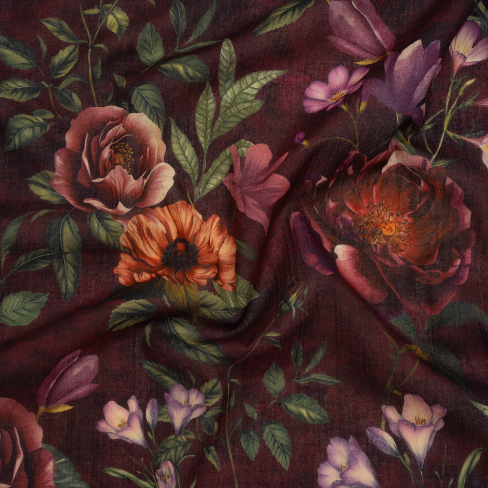 Crinkled Cotton Gauzy Woven - Wine Red, Coral and Green Floral - Mood Exclusive Romantic Nights Print Crinkled Cotton Gauzy Woven - Wine Red, Coral and Green Floral - Mood Exclusive Romantic Nights Print