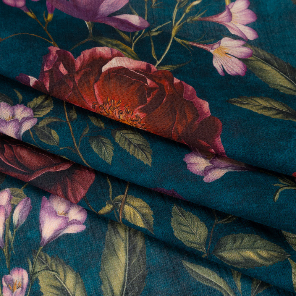 Crinkled Cotton Gauzy Woven - Dark Cobalt, Wine Red and Green Floral - Mood Exclusive Romantic Nights Print Folded Crinkled Cotton Gauzy Woven - Dark Cobalt, Wine Red and Green Floral - Mood Exclusive Romantic Nights Print Folded