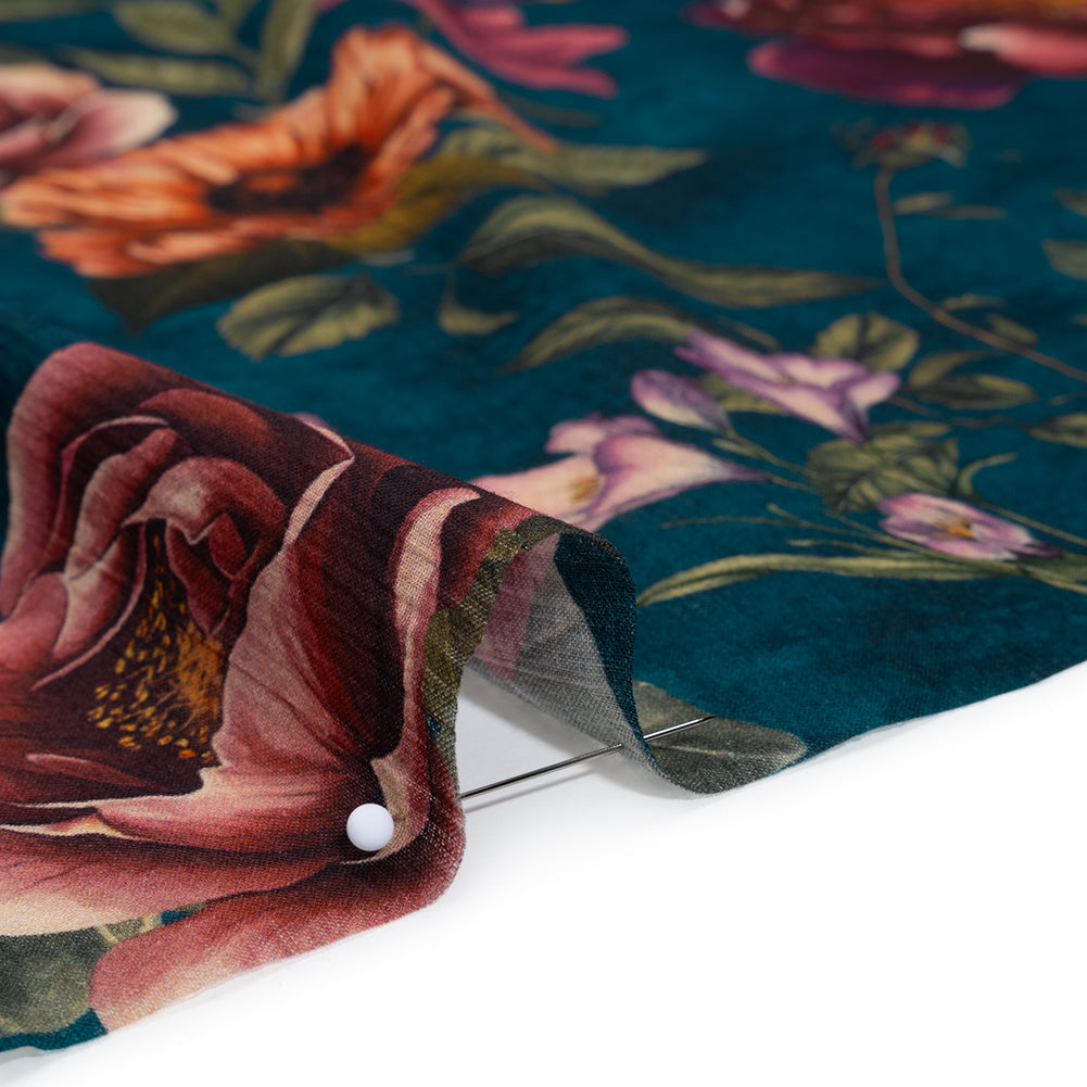 Crinkled Cotton Gauzy Woven - Dark Cobalt, Wine Red and Green Floral - Mood Exclusive Romantic Nights Print Detail Crinkled Cotton Gauzy Woven - Dark Cobalt, Wine Red and Green Floral - Mood Exclusive Romantic Nights Print Detail