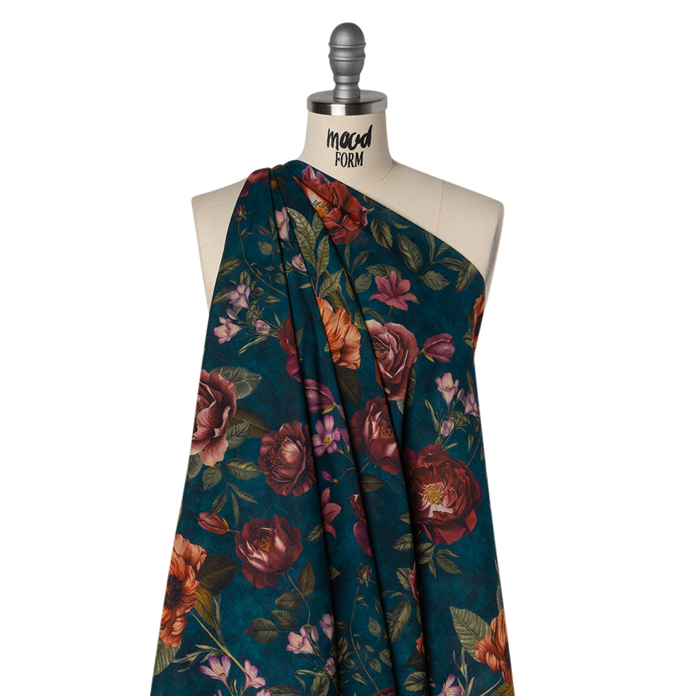 Crinkled Cotton Gauzy Woven - Dark Cobalt, Wine Red and Green Floral - Mood Exclusive Romantic Nights Print Drape Crinkled Cotton Gauzy Woven - Dark Cobalt, Wine Red and Green Floral - Mood Exclusive Romantic Nights Print Drape