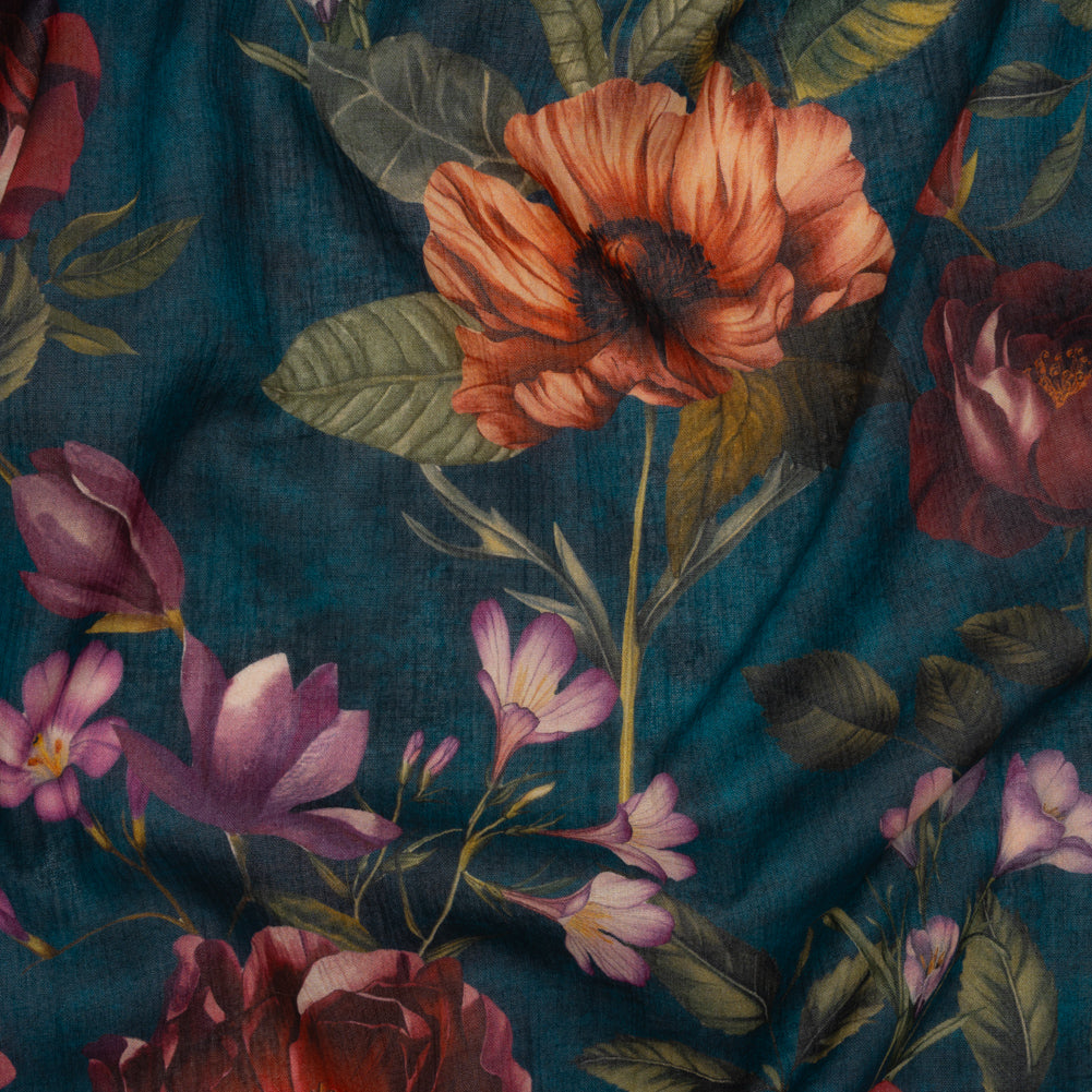 Crinkled Cotton Gauzy Woven - Dark Cobalt, Wine Red and Green Floral - Mood Exclusive Romantic Nights Print Crinkled Cotton Gauzy Woven - Dark Cobalt, Wine Red and Green Floral - Mood Exclusive Romantic Nights Print