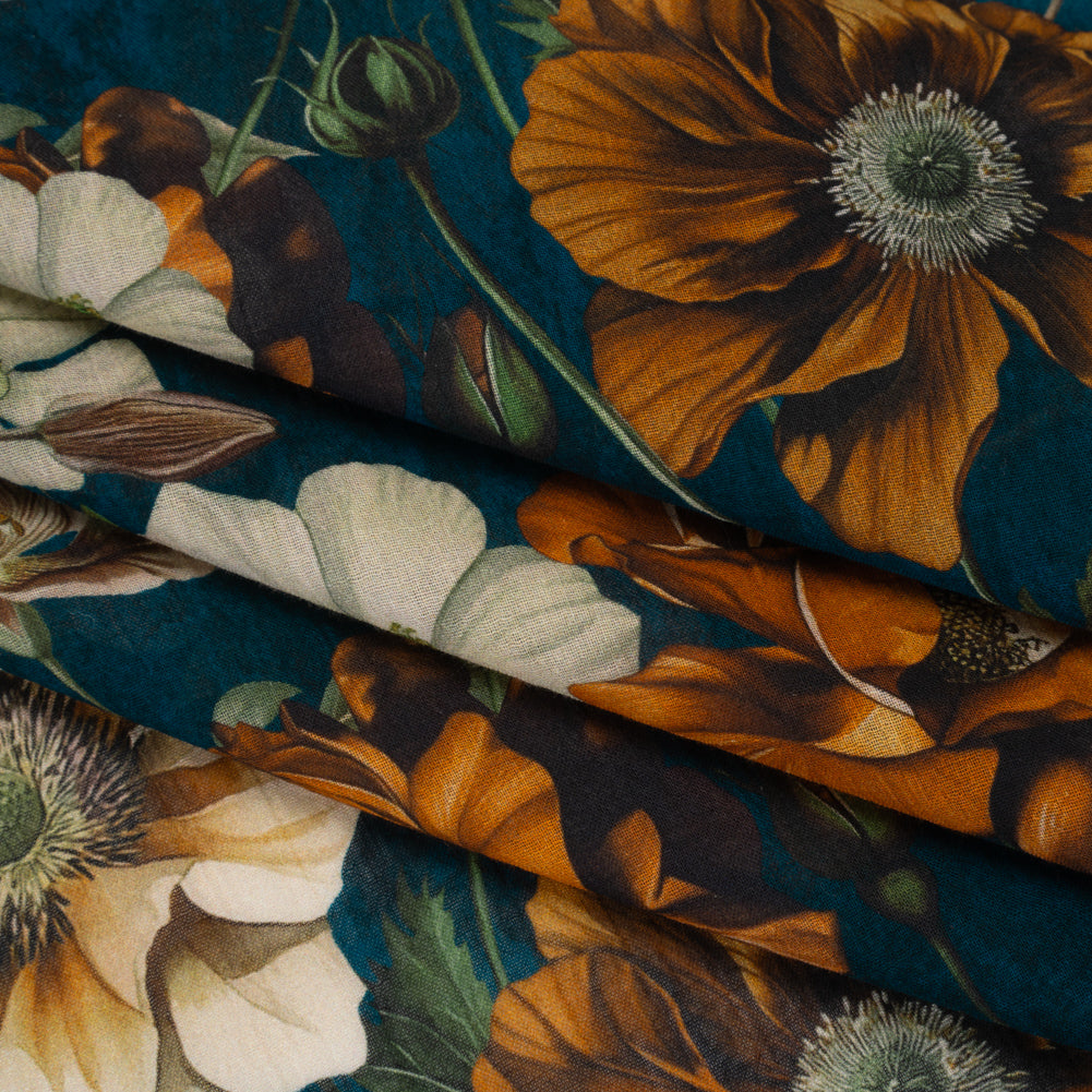 Crinkled Cotton Gauzy Woven - Phthalo Blue, Burnt Orange and Cream Floral - Mood Exclusive Trellis Tango Print Folded Crinkled Cotton Gauzy Woven - Phthalo Blue, Burnt Orange and Cream Floral - Mood Exclusive Trellis Tango Print Folded