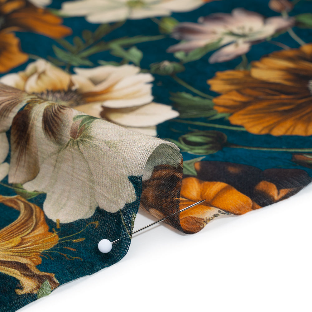 Crinkled Cotton Gauzy Woven - Phthalo Blue, Burnt Orange and Cream Floral - Mood Exclusive Trellis Tango Print Detail Crinkled Cotton Gauzy Woven - Phthalo Blue, Burnt Orange and Cream Floral - Mood Exclusive Trellis Tango Print Detail