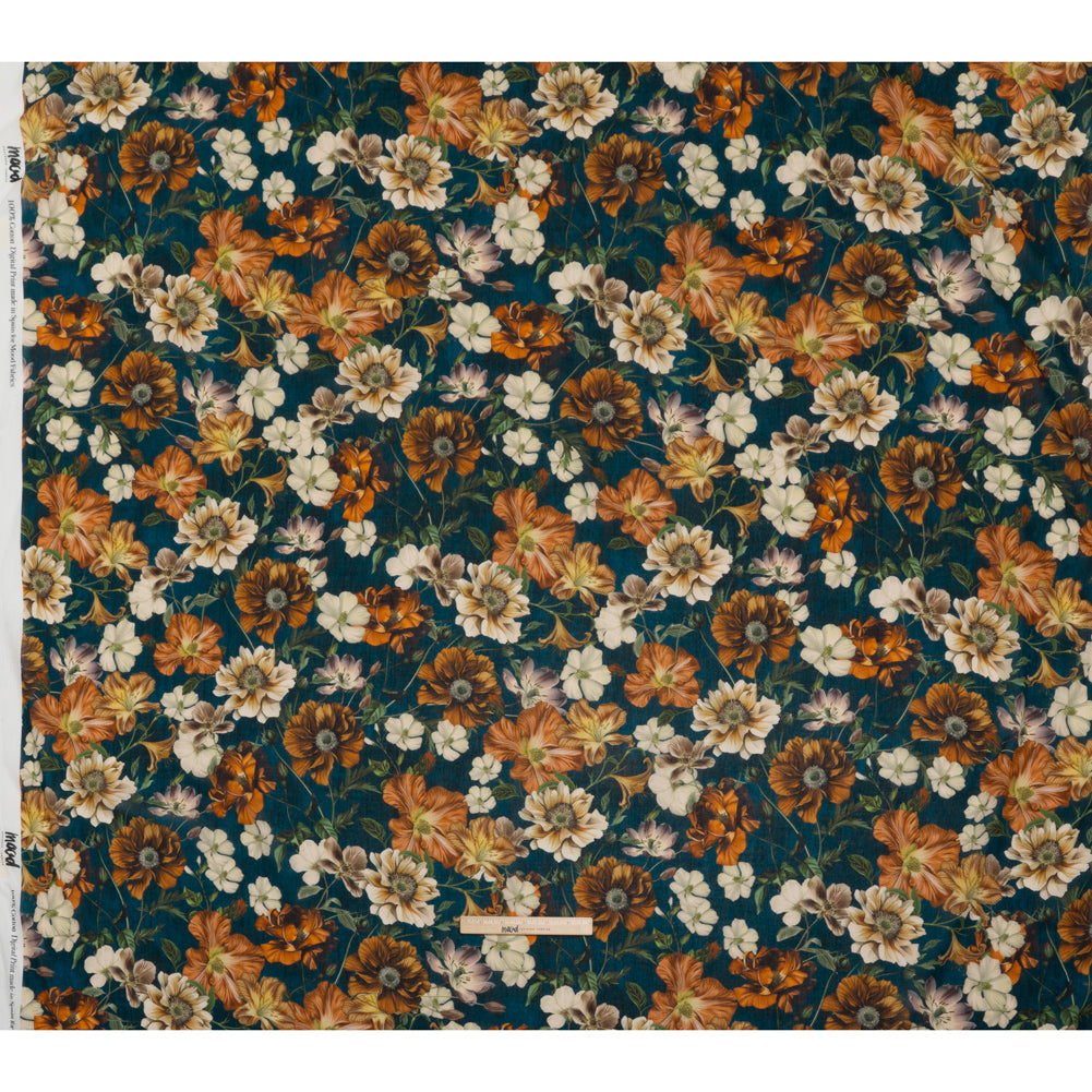 Crinkled Cotton Gauzy Woven - Phthalo Blue, Burnt Orange and Cream Floral - Mood Exclusive Trellis Tango Print - Full Crinkled Cotton Gauzy Woven - Phthalo Blue, Burnt Orange and Cream Floral - Mood Exclusive Trellis Tango Print - Full