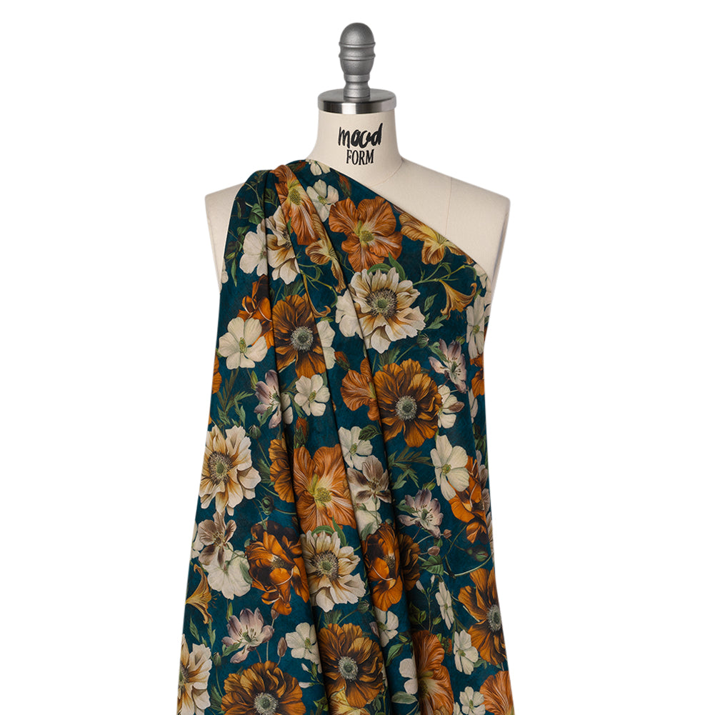 Crinkled Cotton Gauzy Woven - Phthalo Blue, Burnt Orange and Cream Floral - Mood Exclusive Trellis Tango Print Drape Crinkled Cotton Gauzy Woven - Phthalo Blue, Burnt Orange and Cream Floral - Mood Exclusive Trellis Tango Print Drape