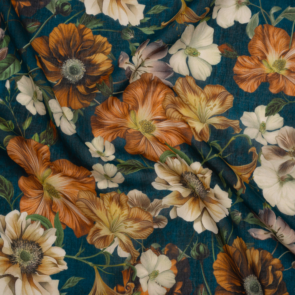 Crinkled Cotton Gauzy Woven - Phthalo Blue, Burnt Orange and Cream Floral - Mood Exclusive Trellis Tango Print Crinkled Cotton Gauzy Woven - Phthalo Blue, Burnt Orange and Cream Floral - Mood Exclusive Trellis Tango Print