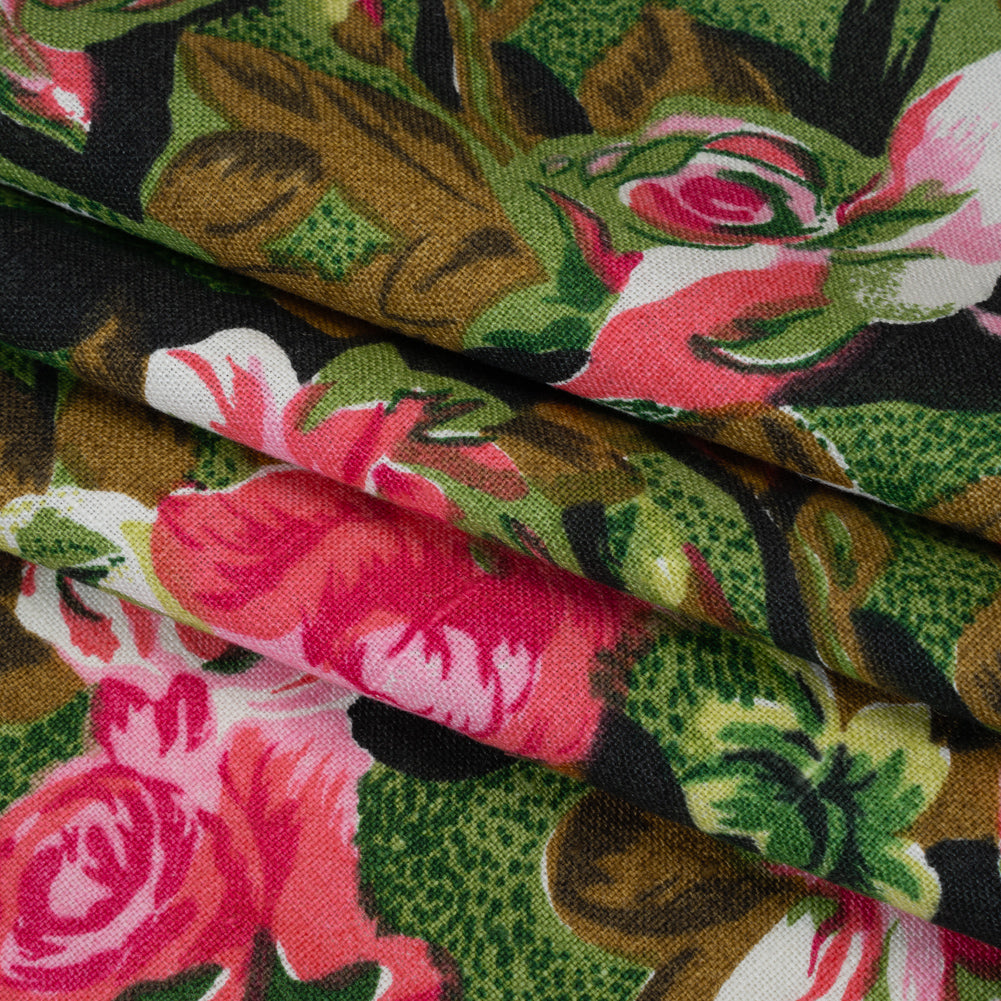 Medium Weight Linen Woven Print - Pink, Green and Brown Roses Folded Medium Weight Linen Woven Print - Pink, Green and Brown Roses Folded