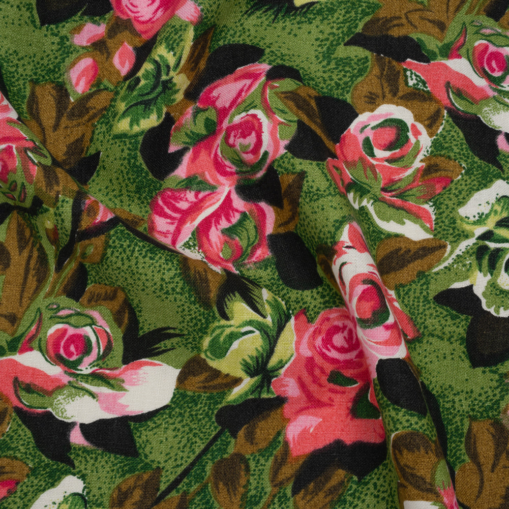 Medium Weight Linen Woven Print - Pink, Green and Brown Roses Medium Weight Linen Woven Print - Pink, Green and Brown Roses