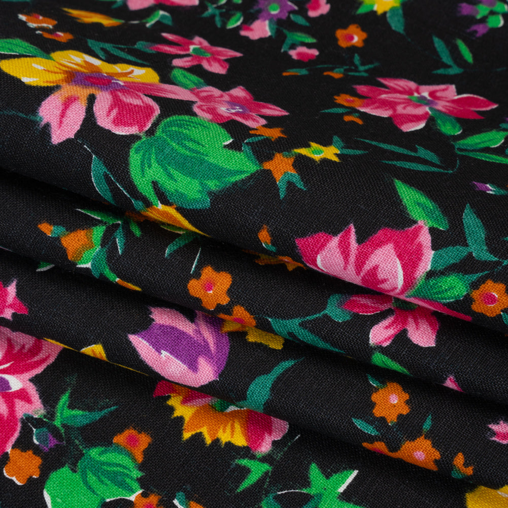 Medium Weight Linen Woven Print - Black, Pink and Purple Floral Medium Weight Linen Woven Print - Black, Pink and Purple Floral