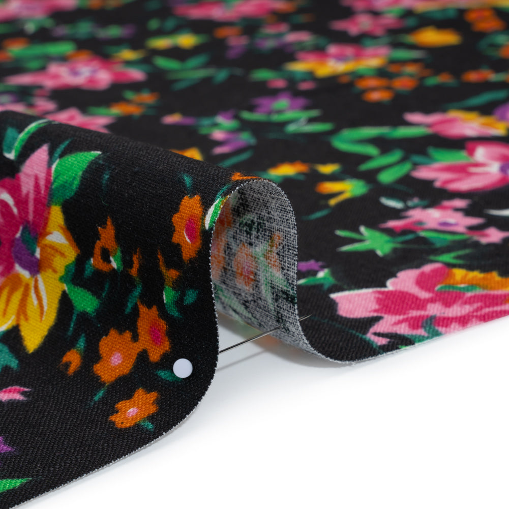 Medium Weight Linen Woven Print - Black, Pink and Purple Floral Medium Weight Linen Woven Print - Black, Pink and Purple Floral