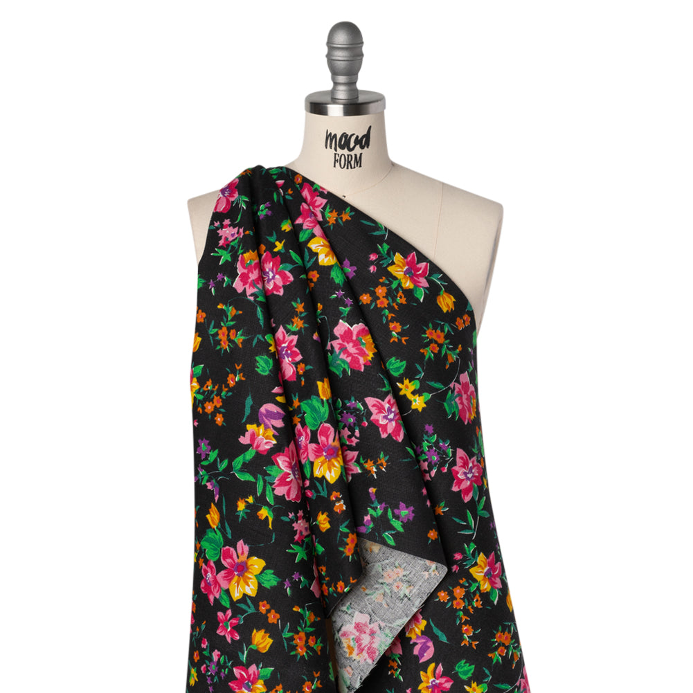Medium Weight Linen Woven Print - Black, Pink and Purple Floral Medium Weight Linen Woven Print - Black, Pink and Purple Floral