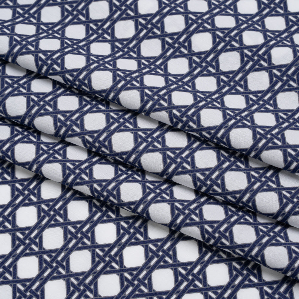 Cotton and Rayon Woven Shirting Print - Navy Blue and White Wicker Basket Lattice - Deadstock Cotton and Rayon Woven Shirting Print - Navy Blue and White Wicker Basket Lattice - Deadstock