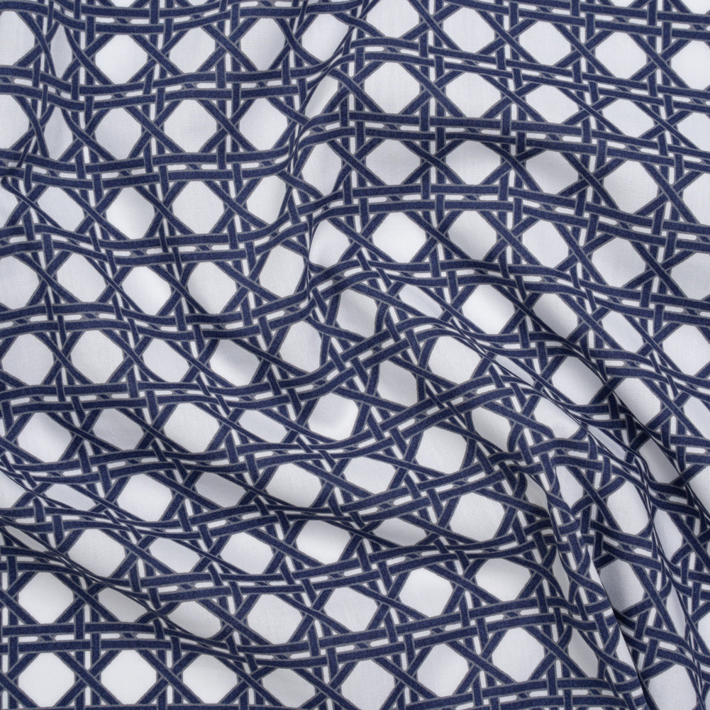 Cotton and Rayon Woven Shirting Print - Navy Blue and White Wicker Basket Lattice - Deadstock Cotton and Rayon Woven Shirting Print - Navy Blue and White Wicker Basket Lattice - Deadstock