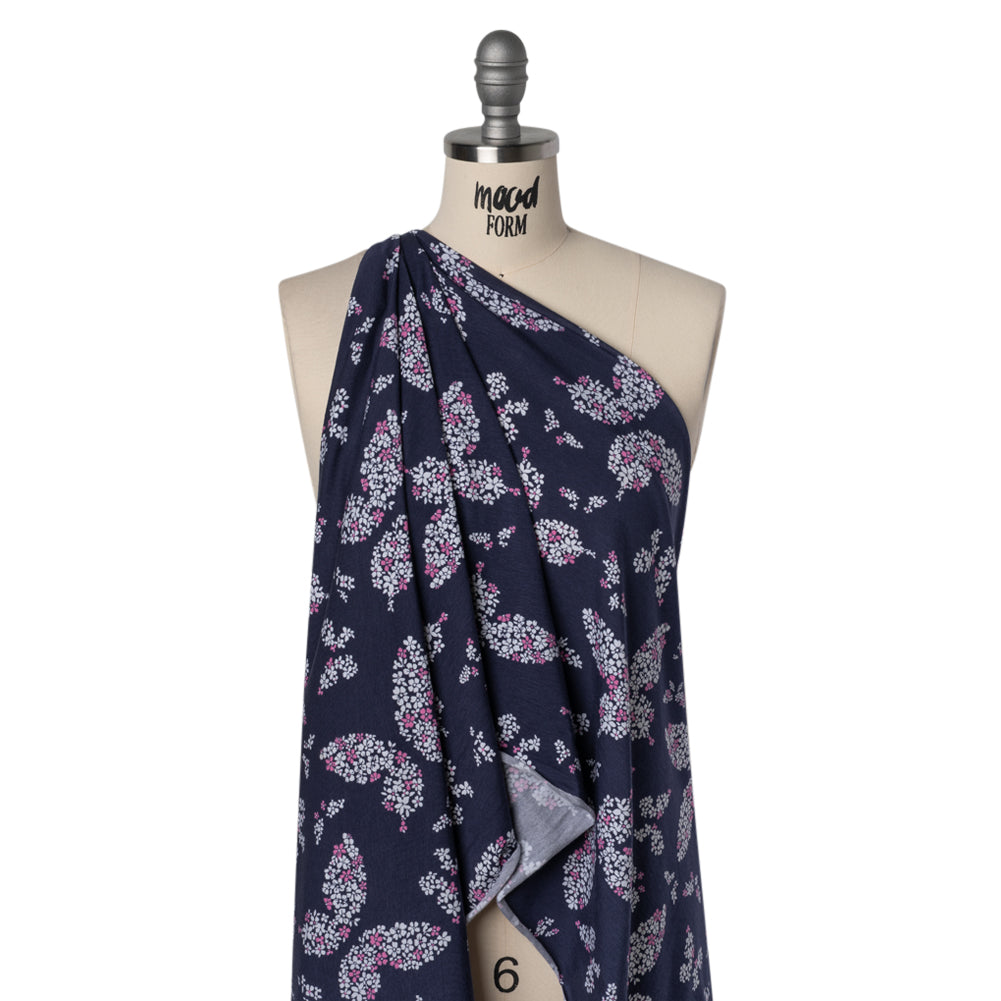 Stretch Rayon Jersey Print - Navy, Pink and White Floral Butterflies - Deadstock Stretch Rayon Jersey Print - Navy, Pink and White Floral Butterflies - Deadstock