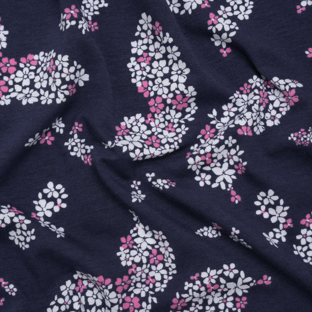 Stretch Rayon Jersey Print - Navy, Pink and White Floral Butterflies - Deadstock Stretch Rayon Jersey Print - Navy, Pink and White Floral Butterflies - Deadstock