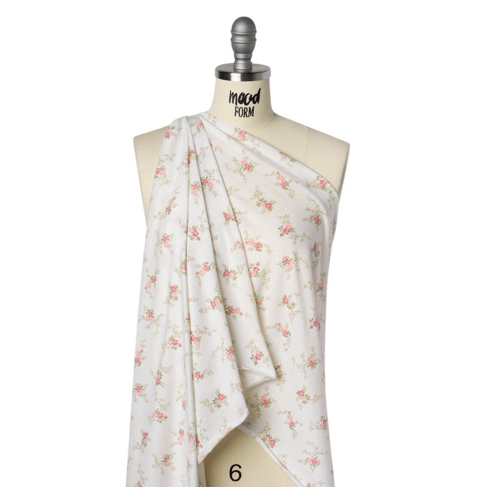 Cotton and Viscose Jersey - White, Pink and Sage Green Floral - Deadstock Cotton and Viscose Jersey - White, Pink and Sage Green Floral - Deadstock