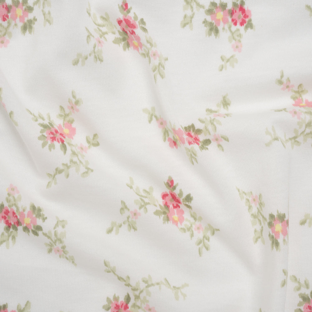 Cotton and Viscose Jersey - White, Pink and Sage Green Floral - Deadstock Cotton and Viscose Jersey - White, Pink and Sage Green Floral - Deadstock