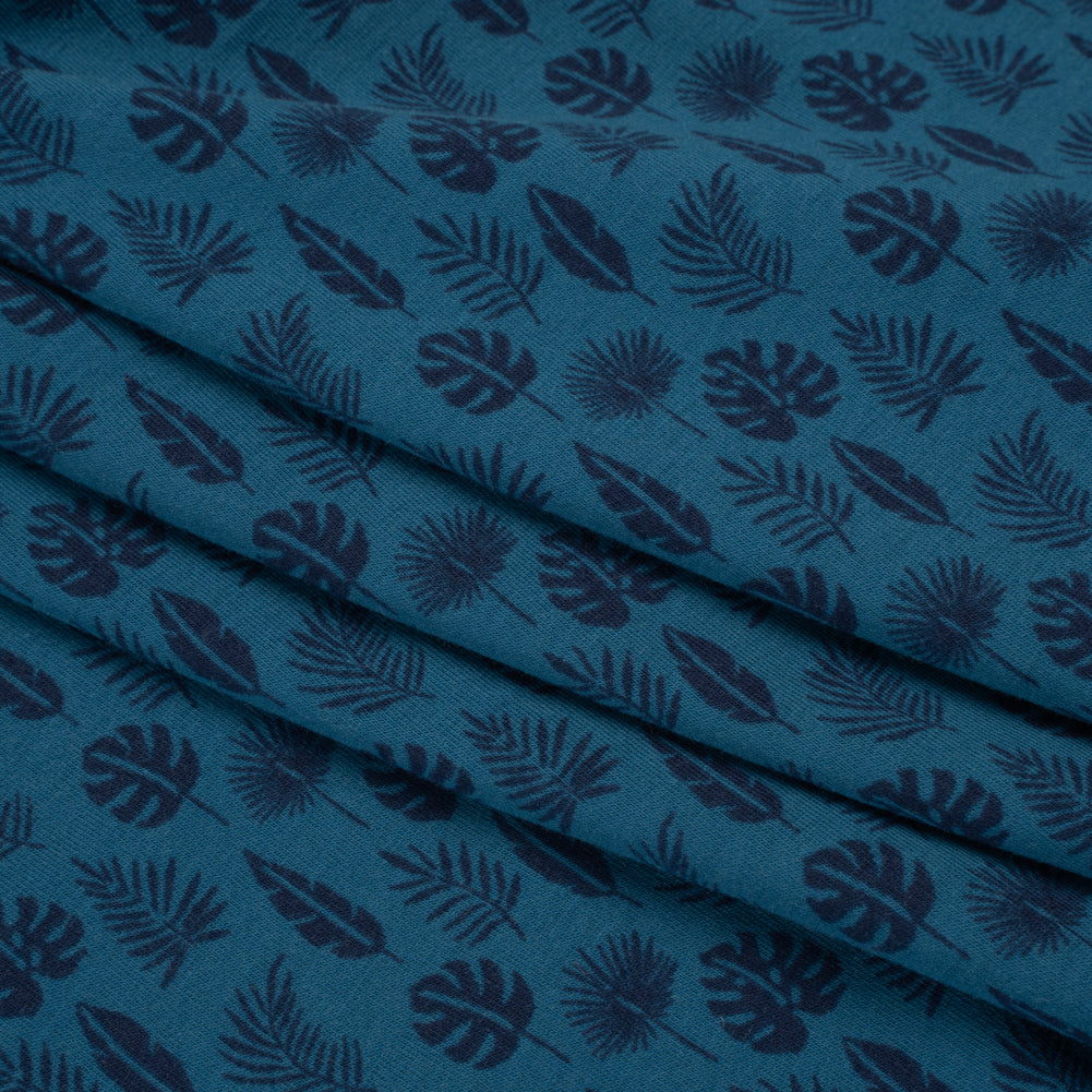 Stretch Cotton Jersey Print - Blue and Navy Palm Leaves - Deadstock Stretch Cotton Jersey Print - Blue and Navy Palm Leaves - Deadstock