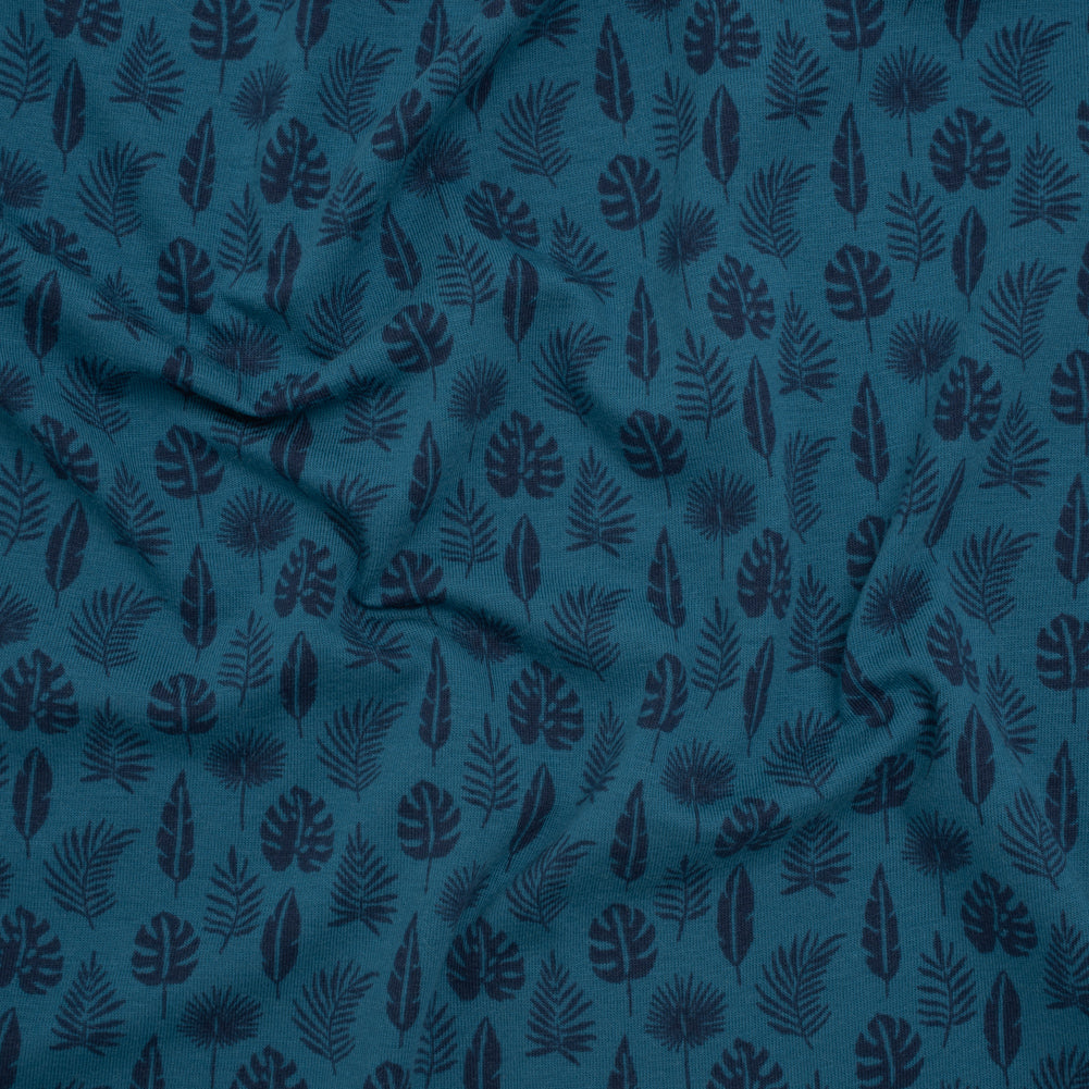Stretch Cotton Jersey Print - Blue and Navy Palm Leaves - Deadstock Stretch Cotton Jersey Print - Blue and Navy Palm Leaves - Deadstock