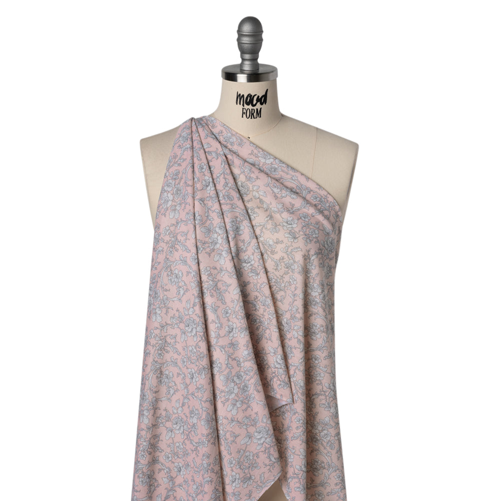 Cotton and Viscose Jersey Print - Light Pink, Ivory and Gray Rose Vines - Deadstock Cotton and Viscose Jersey Print - Light Pink, Ivory and Gray Rose Vines - Deadstock