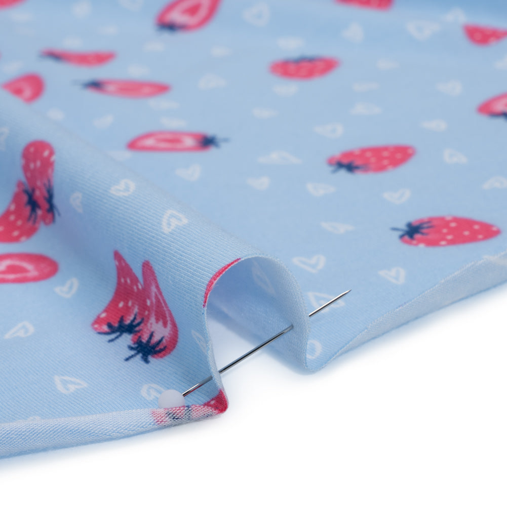Stretch Cotton and Modal Jersey - Light Blue, White and Pink Strawberry Hearts - Deadstock Stretch Cotton and Modal Jersey - Light Blue, White and Pink Strawberry Hearts - Deadstock
