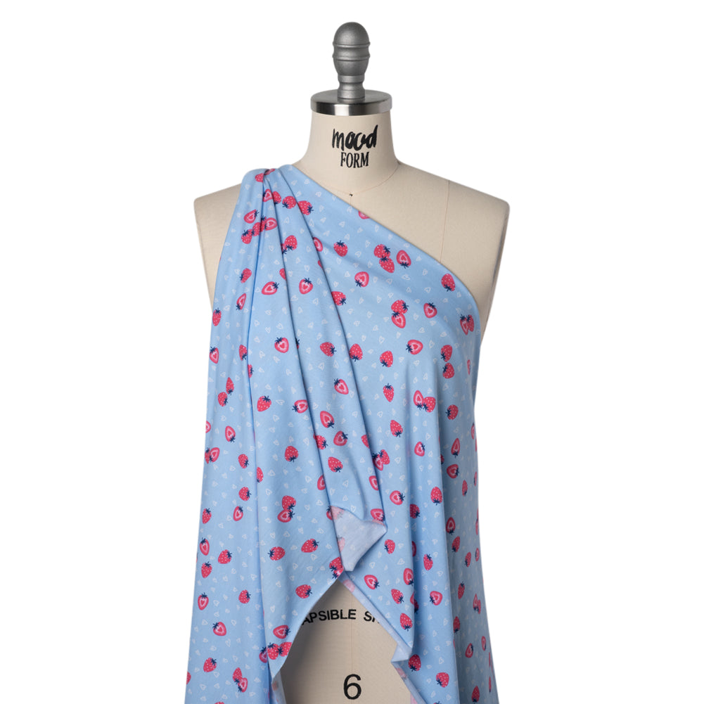 Stretch Cotton and Modal Jersey - Light Blue, White and Pink Strawberry Hearts - Deadstock Stretch Cotton and Modal Jersey - Light Blue, White and Pink Strawberry Hearts - Deadstock