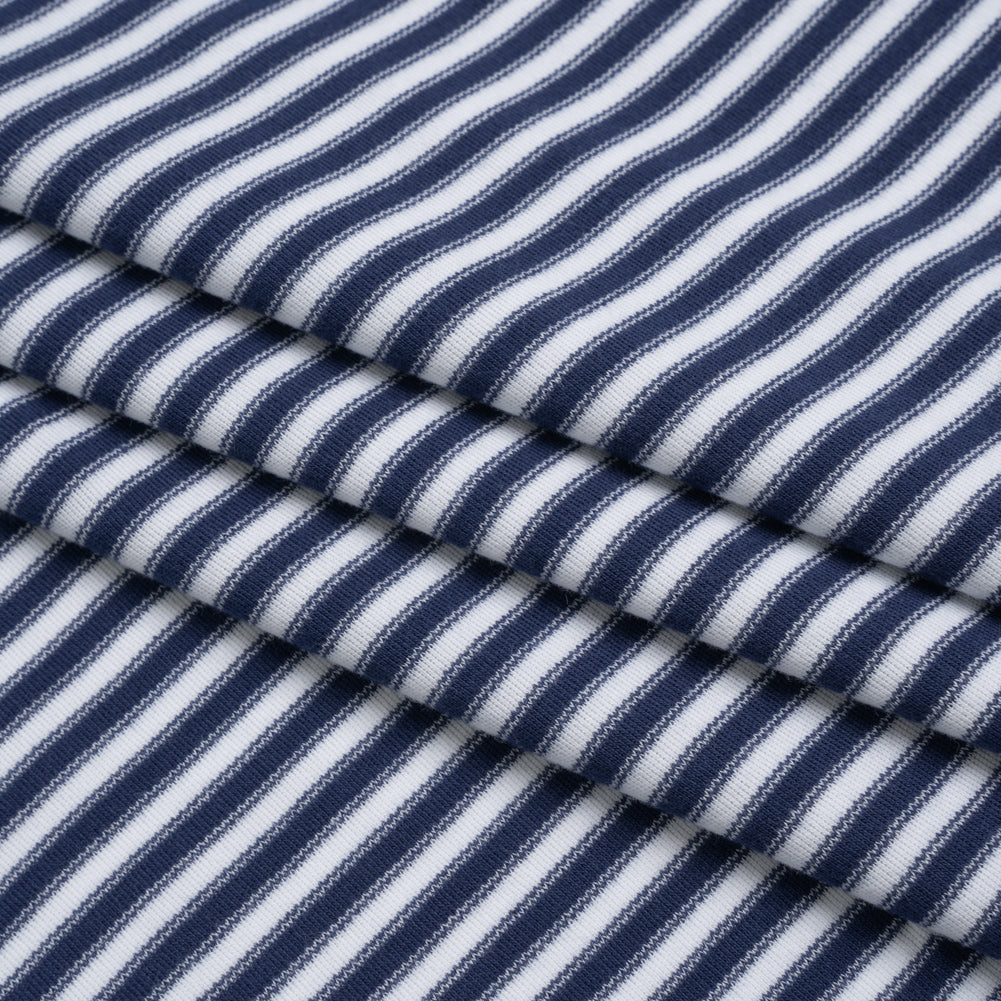 Cotton and Viscose Interlock Knit - Navy and White Stripes - Deadstock Cotton and Viscose Interlock Knit - Navy and White Stripes - Deadstock