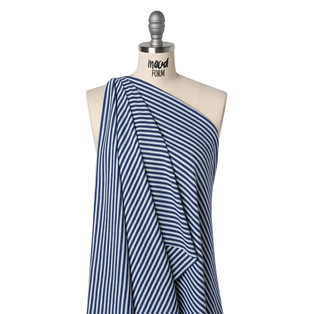 Cotton and Viscose Interlock Knit - Navy and White Stripes - Deadstock Cotton and Viscose Interlock Knit - Navy and White Stripes - Deadstock